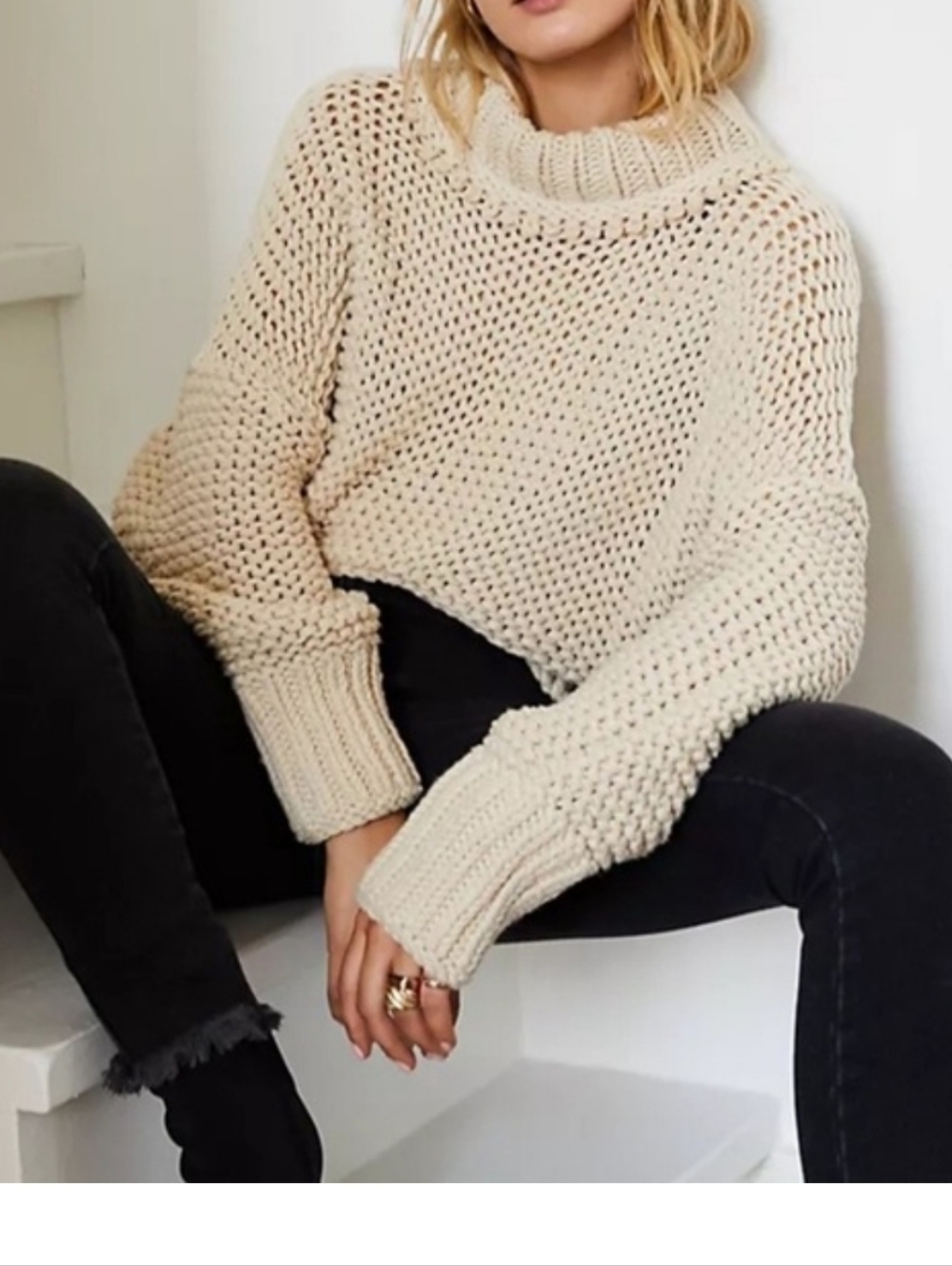 Free People Chunky Cream Turtleneck Knit Sweater - Women